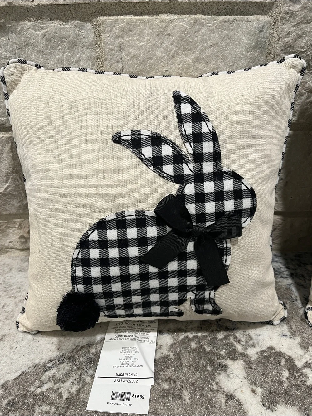 NEW Pair of Pier 1 Black and Cream Gingham Bunny Accent Pillows